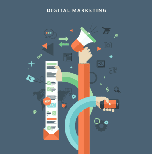 Digital Marketing Concept With A Megaphone, Smartphone, Social Media Icons, And An Email List, Highlighting The Various Aspects Of Online Marketing And Communication Strategies. Digital Marketing Concept With A Megaphone, Smartphone, Social Media Icons, And An Email List, Highlighting The Various Aspects Of Online Marketing And Communication Strategies.