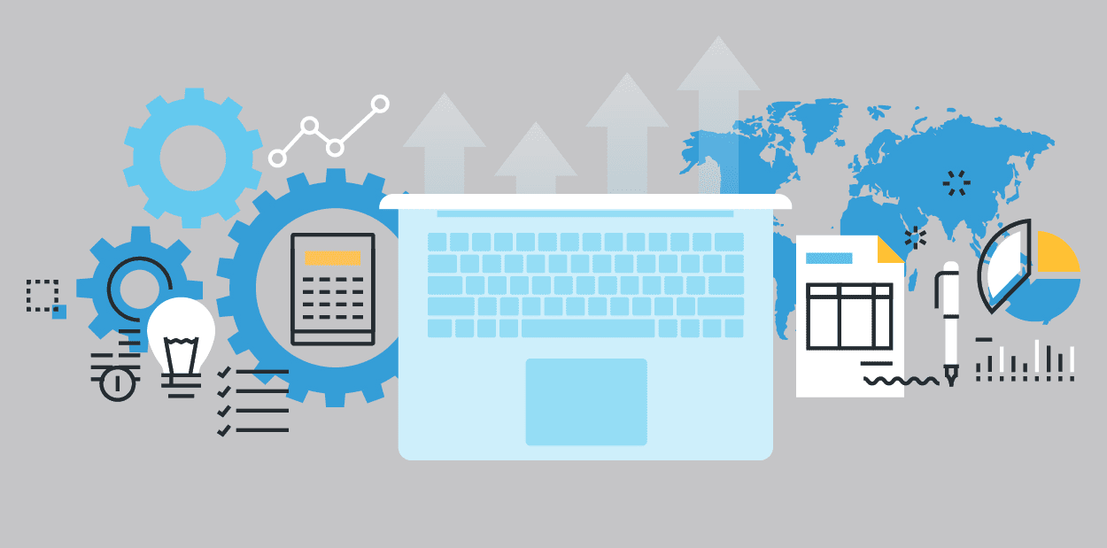 Illustration Of A Laptop Surrounded By Gears, Charts, And World Map, Representing Business Growth, Data Analysis, And Technological Innovation In Services Illustration Of A Laptop Surrounded By Gears, Charts, And World Map, Representing Business Growth, Data Analysis, And Technological Innovation In Services